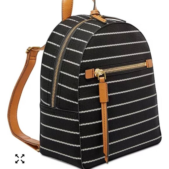 Fossil Megan Backpack LiteHide Leather Black White Heart Stripes Tan Accents - Picture 1 of 14